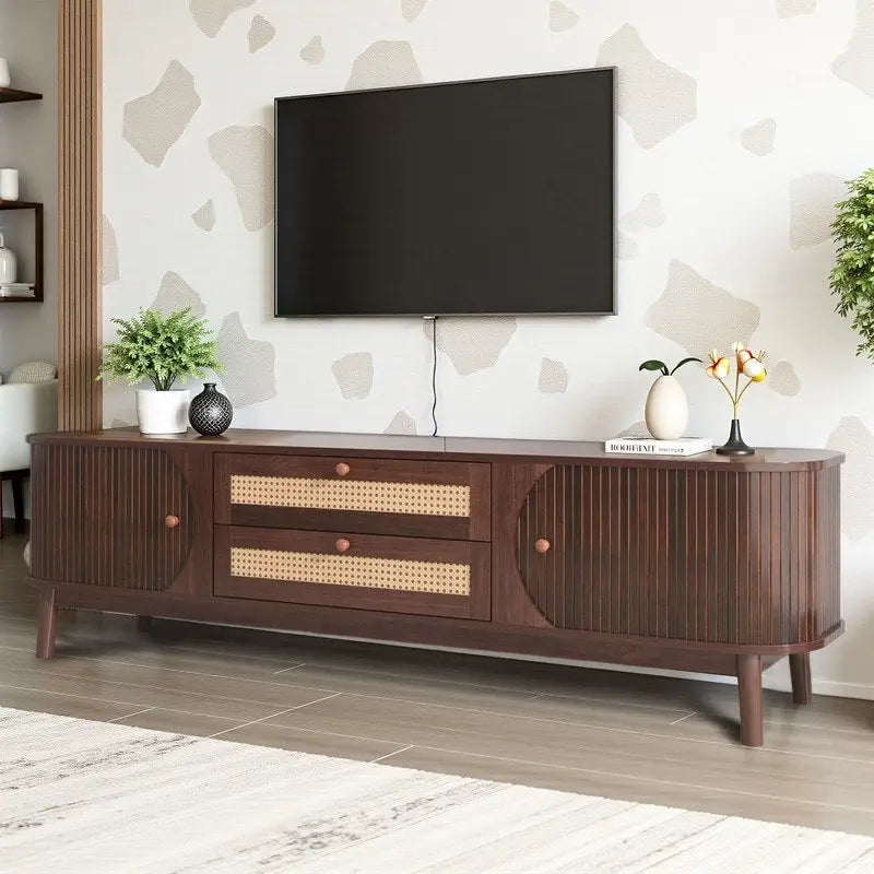 Meuble TV en rotin pour téléviseurs jusqu'à 75 pouces, meuble console multimédia avec pieds en bois massif