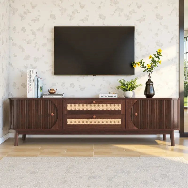 Meuble TV en rotin pour téléviseurs jusqu'à 75 pouces, meuble console multimédia avec pieds en bois massif