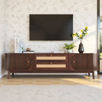 Meuble TV en rotin pour téléviseurs jusqu'à 75 pouces, meuble console multimédia avec pieds en bois massif