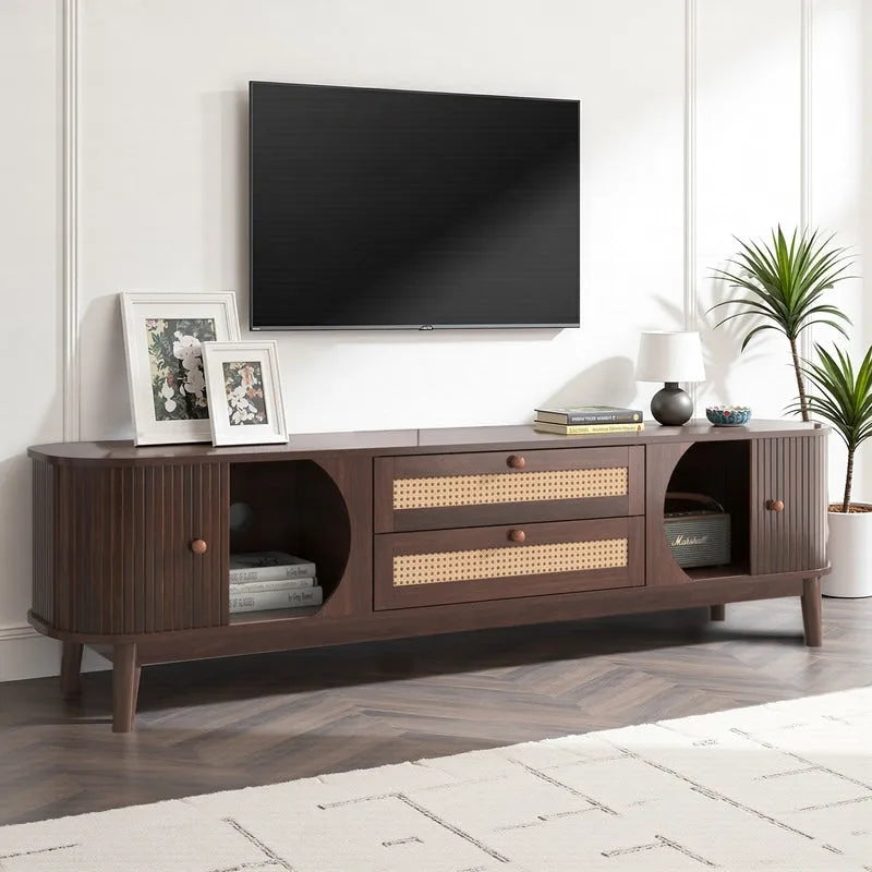 Meuble TV en rotin pour téléviseurs jusqu'à 75 pouces, meuble console multimédia avec pieds en bois massif