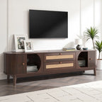 Meuble TV en rotin pour téléviseurs jusqu'à 75 pouces, meuble console multimédia avec pieds en bois massif