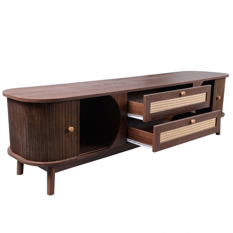 Meuble TV en rotin pour téléviseurs jusqu'à 75 pouces, meuble console multimédia avec pieds en bois massif