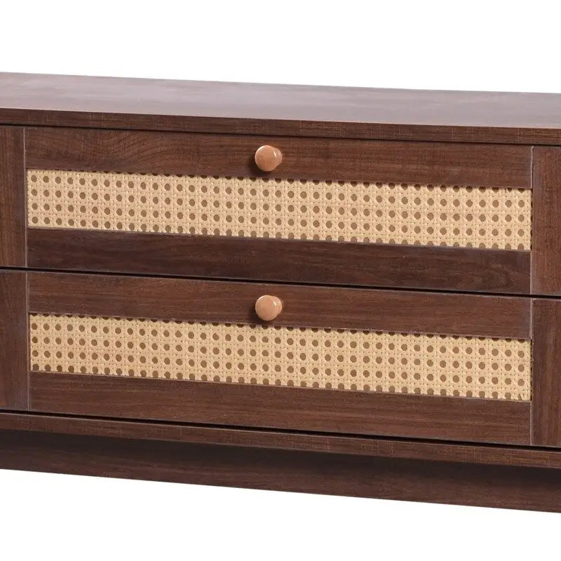 Meuble TV en rotin pour téléviseurs jusqu'à 75 pouces, meuble console multimédia avec pieds en bois massif