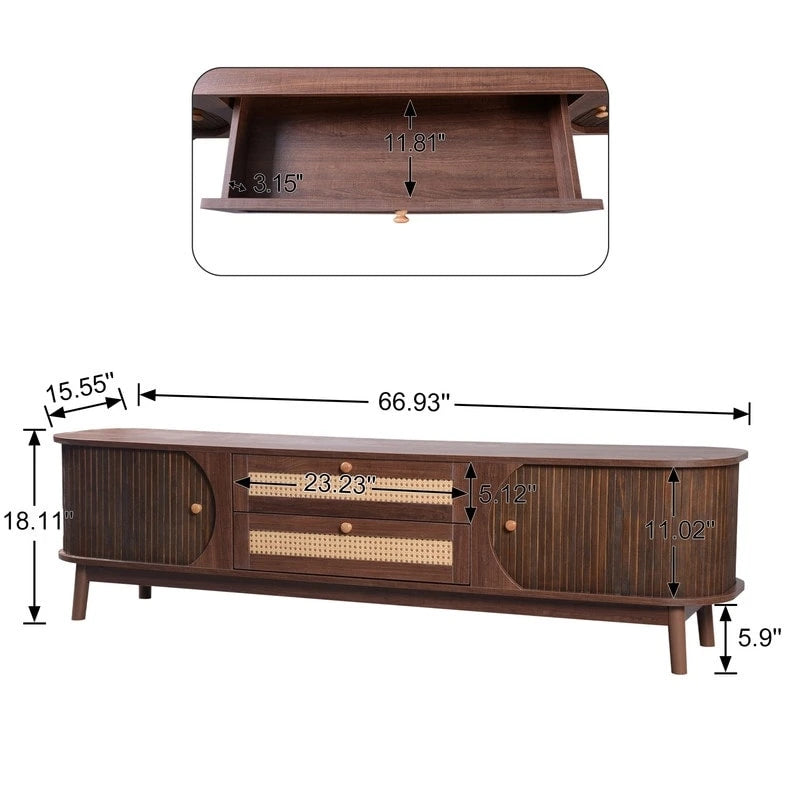 Meuble TV en rotin pour téléviseurs jusqu'à 75 pouces, meuble console multimédia avec pieds en bois massif