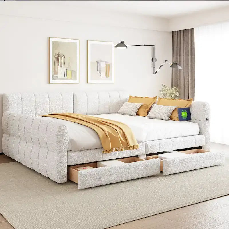 Lit de repos Queen Size, plateforme rembourrée avec USB et 2 tiroirs, canapé-lit à rayures verticales, méridienne, causeuse