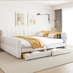 Lit de repos Queen Size, plateforme rembourrée avec USB et 2 tiroirs, canapé-lit à rayures verticales, méridienne, causeuse