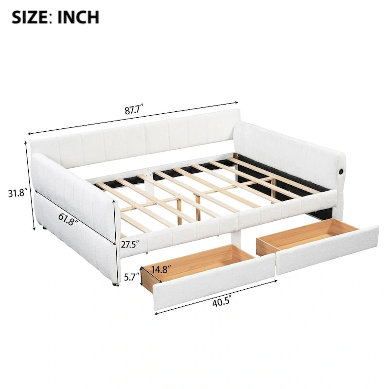 Lit de repos Queen Size, plateforme rembourrée avec USB et 2 tiroirs, canapé-lit à rayures verticales, méridienne, causeuse
