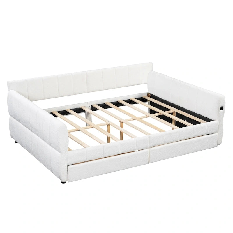 Lit de repos Queen Size, plateforme rembourrée avec USB et 2 tiroirs, canapé-lit à rayures verticales, méridienne, causeuse