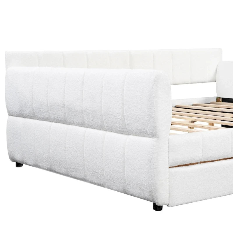 Lit de repos Queen Size, plateforme rembourrée avec USB et 2 tiroirs, canapé-lit à rayures verticales, méridienne, causeuse