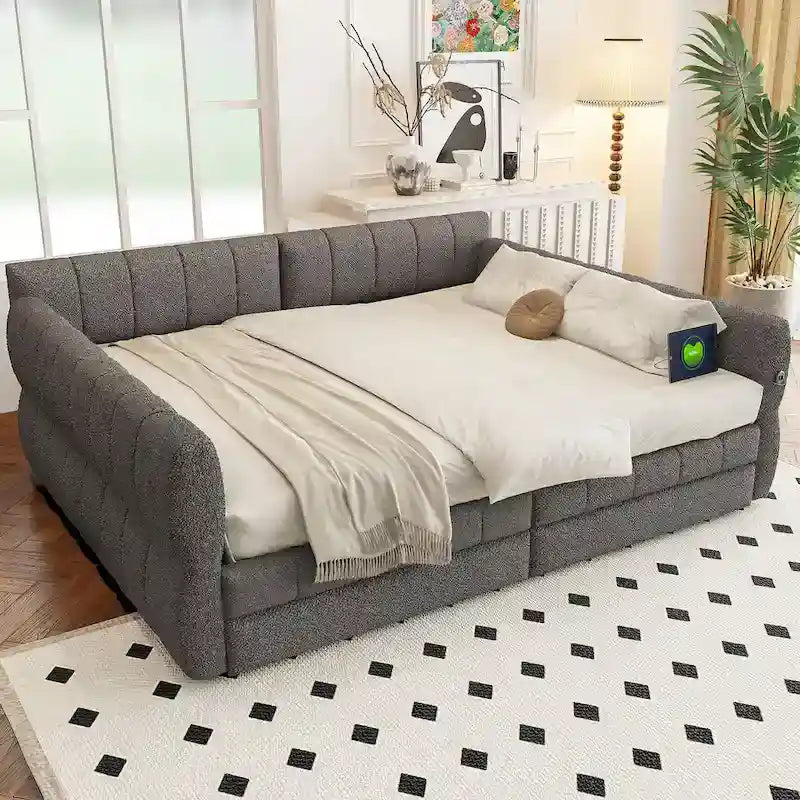 Lit de repos Queen Size, plateforme rembourrée avec USB et 2 tiroirs, canapé-lit à rayures verticales, méridienne, causeuse