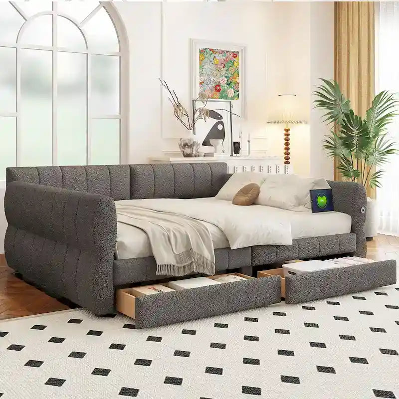 Lit de repos Queen Size, plateforme rembourrée avec USB et 2 tiroirs, canapé-lit à rayures verticales, méridienne, causeuse