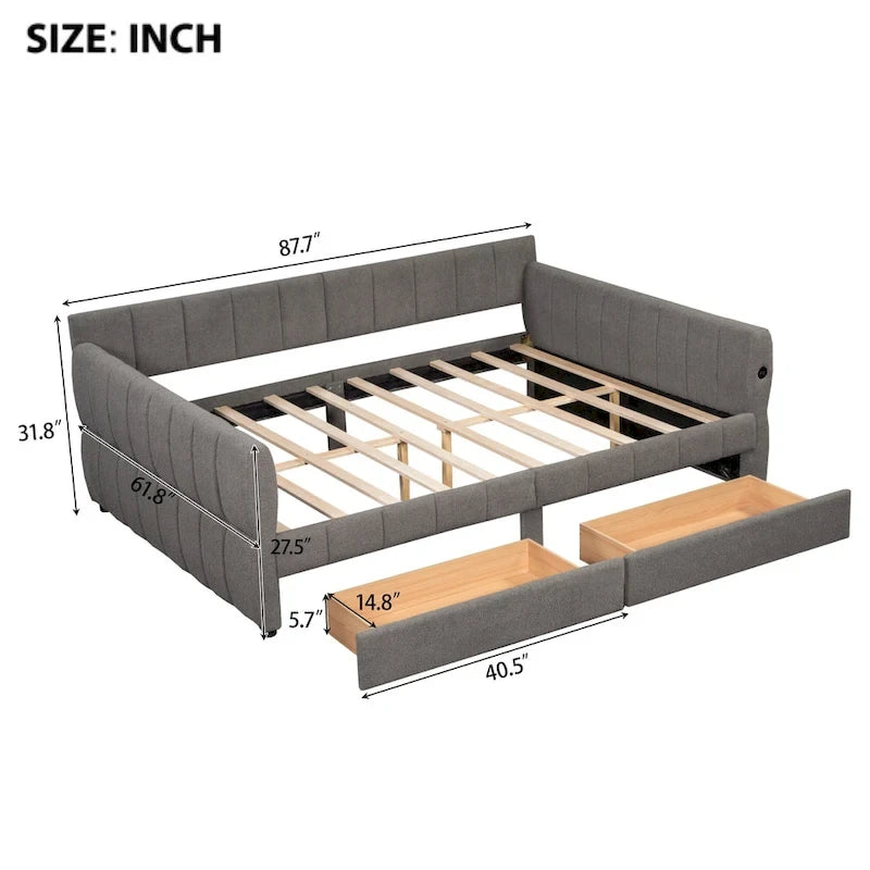 Lit de repos Queen Size, plateforme rembourrée avec USB et 2 tiroirs, canapé-lit à rayures verticales, méridienne, causeuse