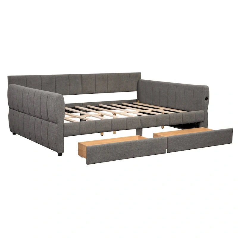 Lit de repos Queen Size, plateforme rembourrée avec USB et 2 tiroirs, canapé-lit à rayures verticales, méridienne, causeuse