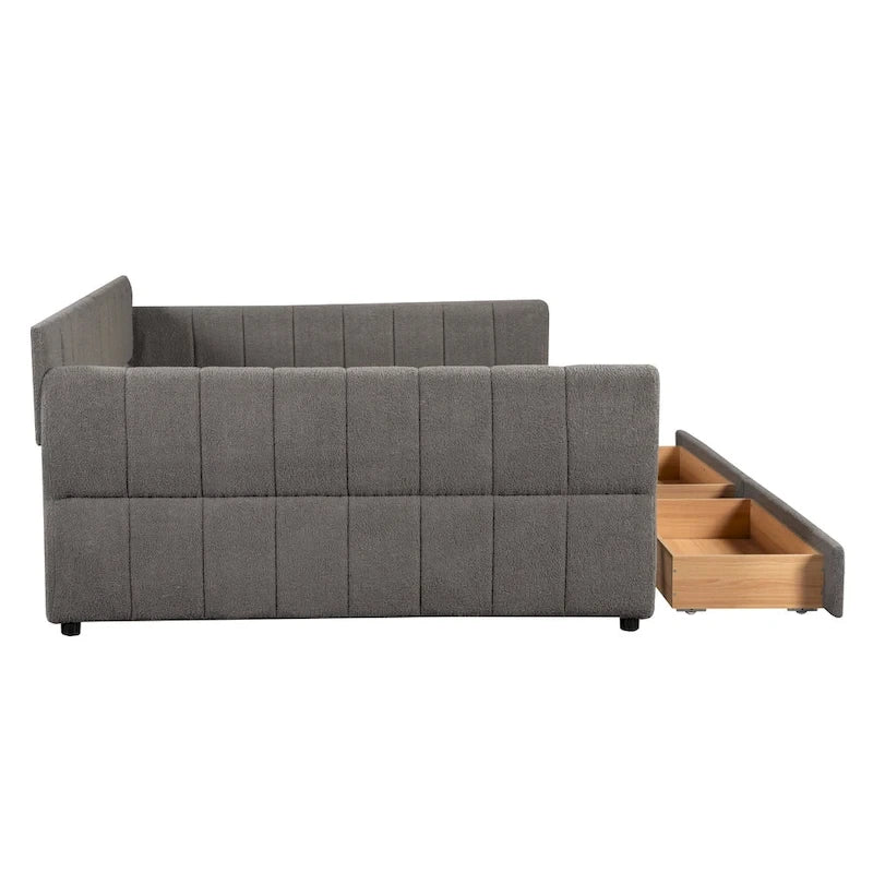 Lit de repos Queen Size, plateforme rembourrée avec USB et 2 tiroirs, canapé-lit à rayures verticales, méridienne, causeuse