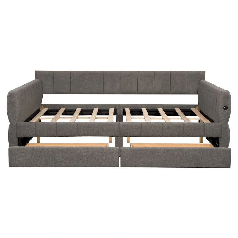 Lit de repos Queen Size, plateforme rembourrée avec USB et 2 tiroirs, canapé-lit à rayures verticales, méridienne, causeuse
