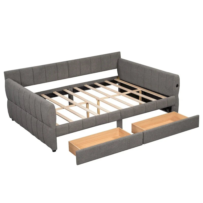 Lit de repos Queen Size, plateforme rembourrée avec USB et 2 tiroirs, canapé-lit à rayures verticales, méridienne, causeuse