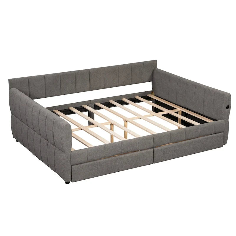 Lit de repos Queen Size, plateforme rembourrée avec USB et 2 tiroirs, canapé-lit à rayures verticales, méridienne, causeuse
