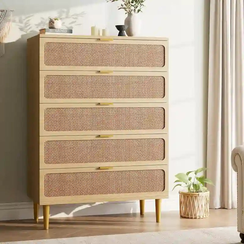 Commode 5 tiroirs en rotin pour chambre et couloir