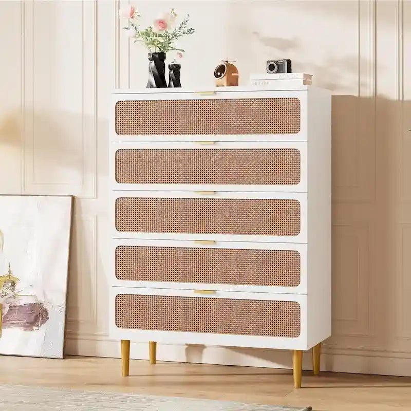 Commode 5 tiroirs en rotin pour chambre et couloir