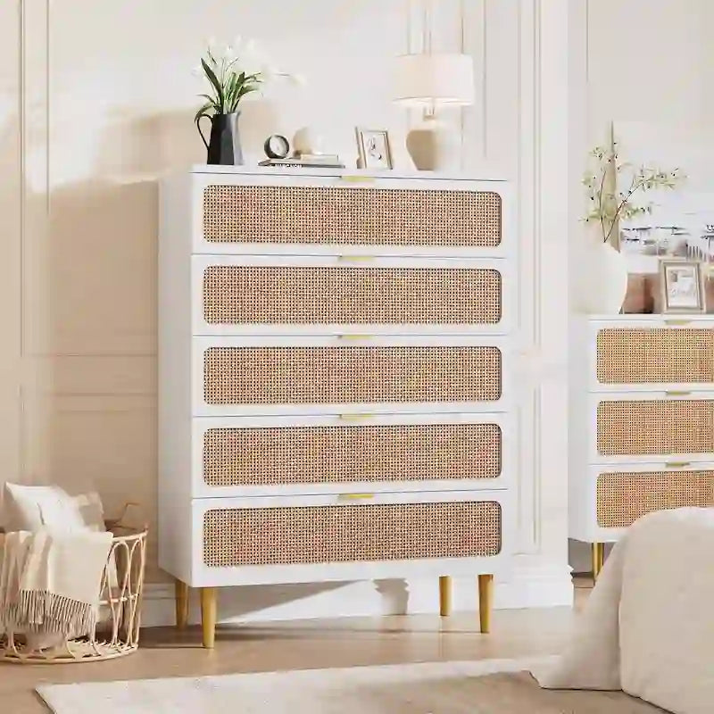 Commode 5 tiroirs en rotin pour chambre et couloir