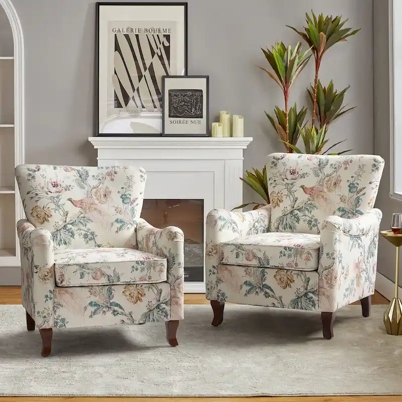 Fauteuil capitonné floral moderne avec dossier à oreilles