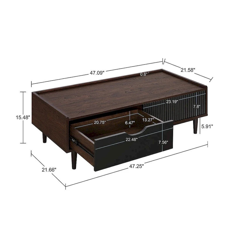 Table basse moderne nervurée avec tiroir et étagère