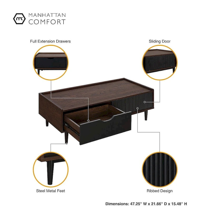 Table basse moderne nervurée avec tiroir et étagère