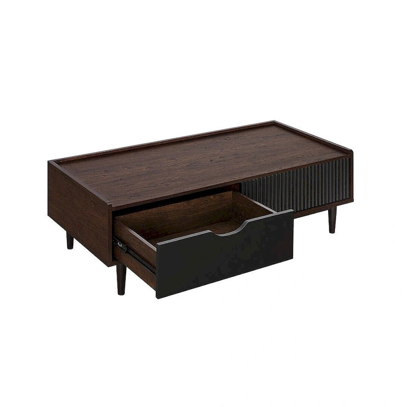 Table basse moderne nervurée avec tiroir et étagère