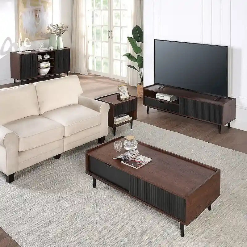 Table basse moderne nervurée avec tiroir et étagère