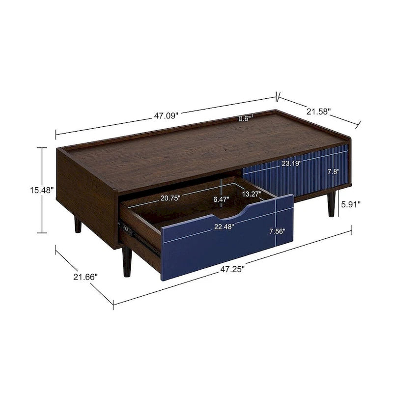 Table basse moderne nervurée avec tiroir et étagère
