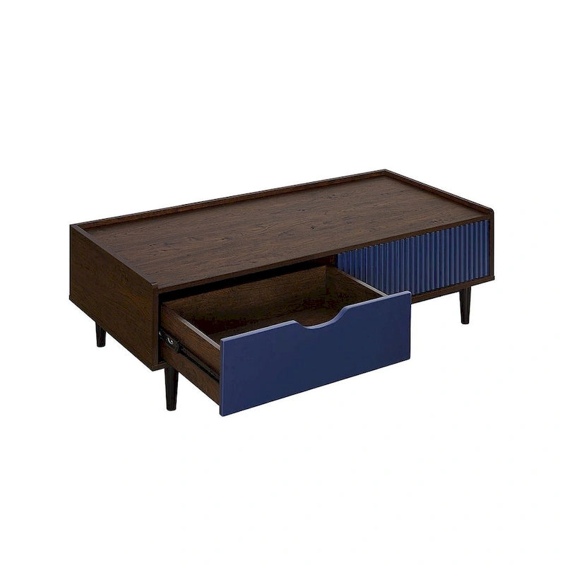 Table basse moderne nervurée avec tiroir et étagère