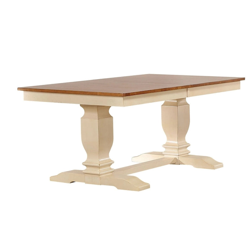 Table de salle à manger avec 6 chaises, pieds doubles, style transitoire, finition caramel/biscotti vieilli, dossier Napoléon