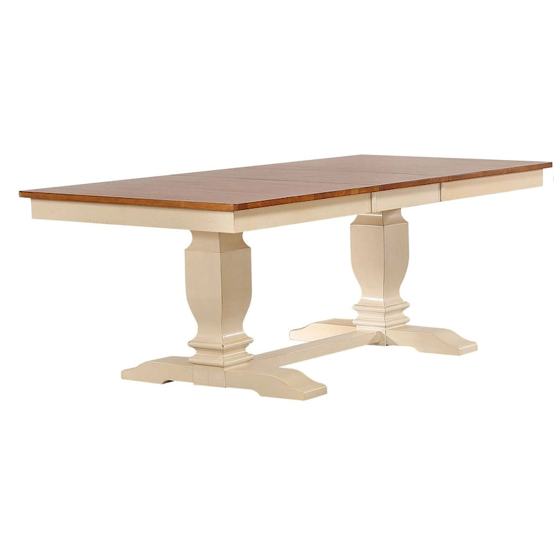 Table de salle à manger avec 6 chaises, pieds doubles, style transitoire, finition caramel/biscotti vieilli, dossier Napoléon
