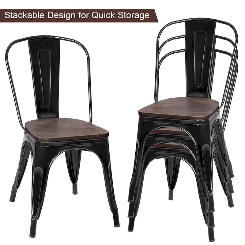 Chaise de salle à manger empilable de style bistrot avec cadre en métal et assise en bois