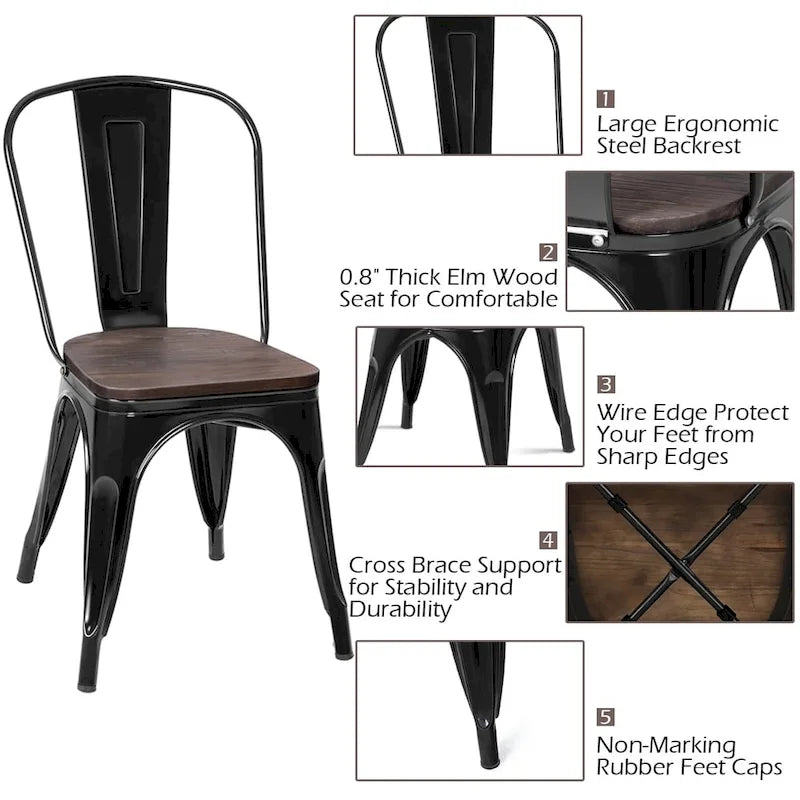 Chaise de salle à manger empilable de style bistrot avec cadre en métal et assise en bois