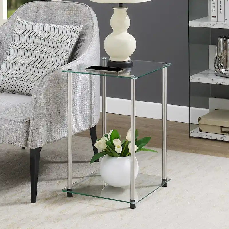 Table d'appoint carrée à 2 niveaux en verre classique