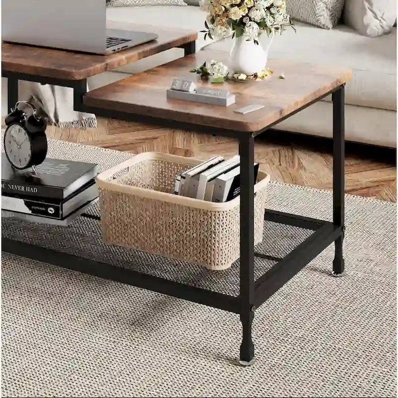 Table Basse à 2 Niveaux avec Étagère en Treillis, Rangement Rectangulaire