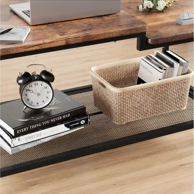 Table Basse à 2 Niveaux avec Étagère en Treillis, Rangement Rectangulaire