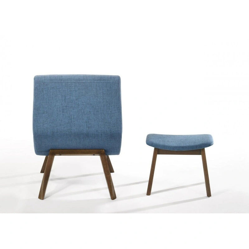 Fauteuil d'appoint et ottoman modernes bleu et noyer