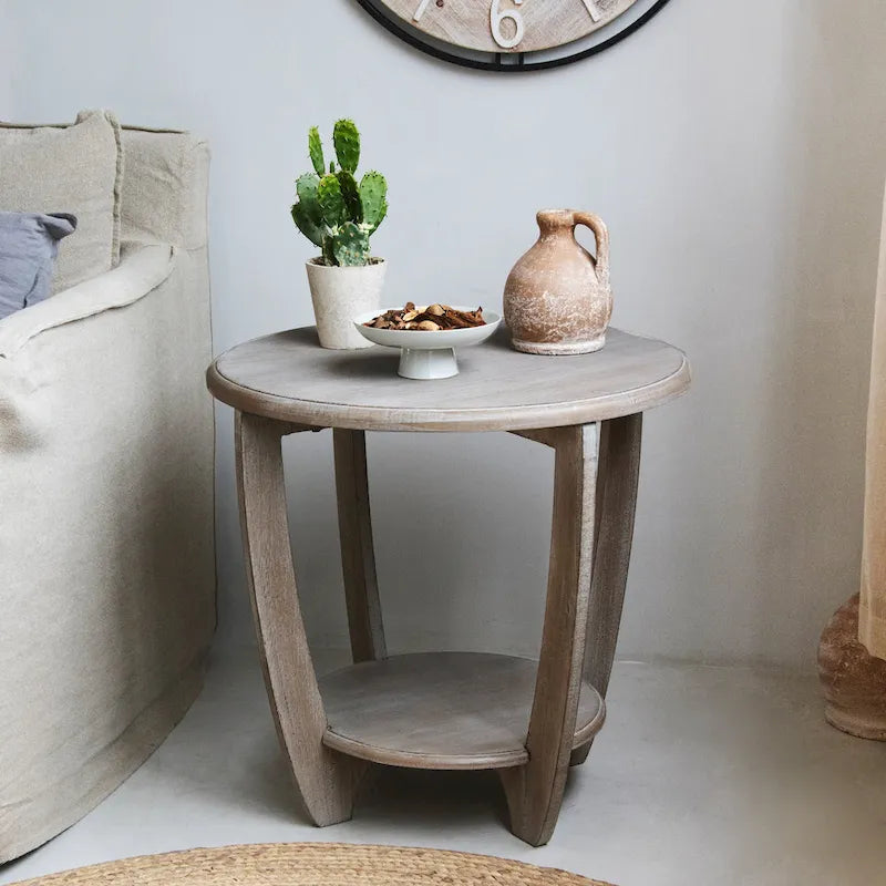Table d'appoint rustique de ferme avec étagère de rangement, finition gris vintage