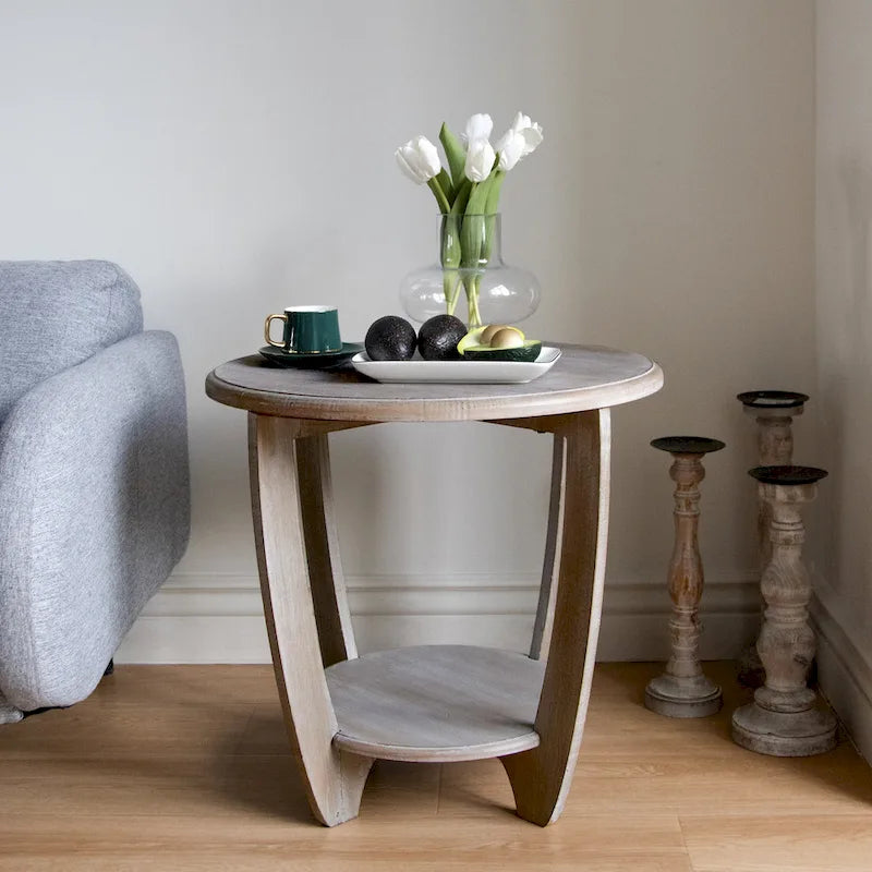 Table d'appoint rustique de ferme avec étagère de rangement, finition gris vintage