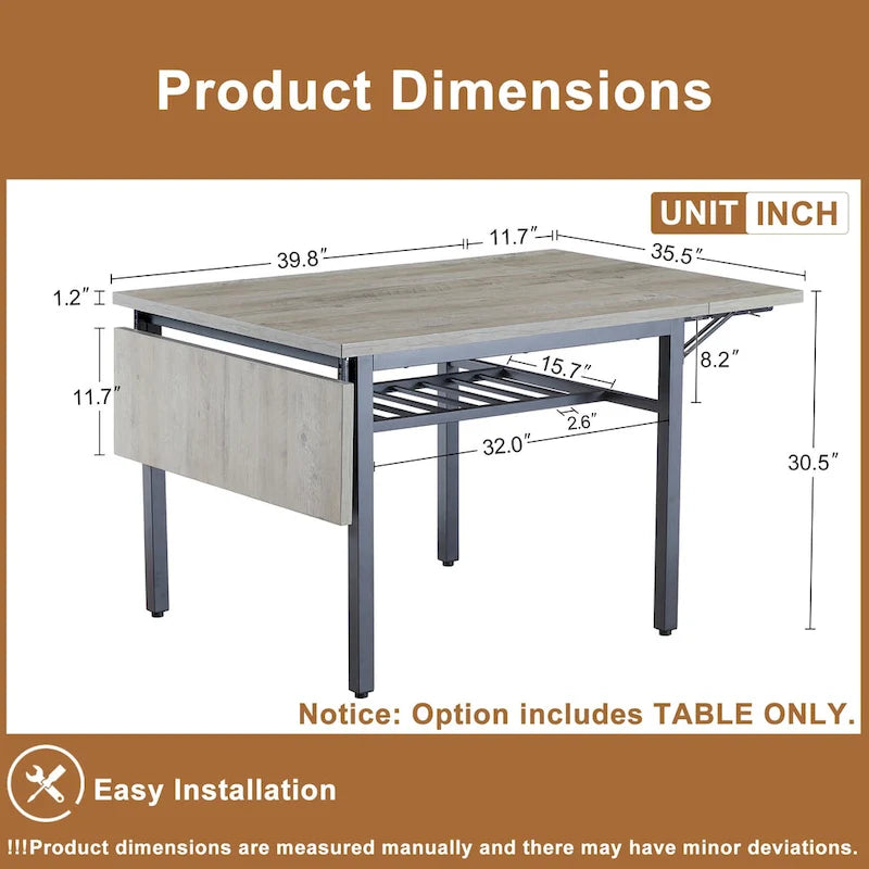Table à manger extensible avec rabat, 6 places, style industriel moderne 63,2