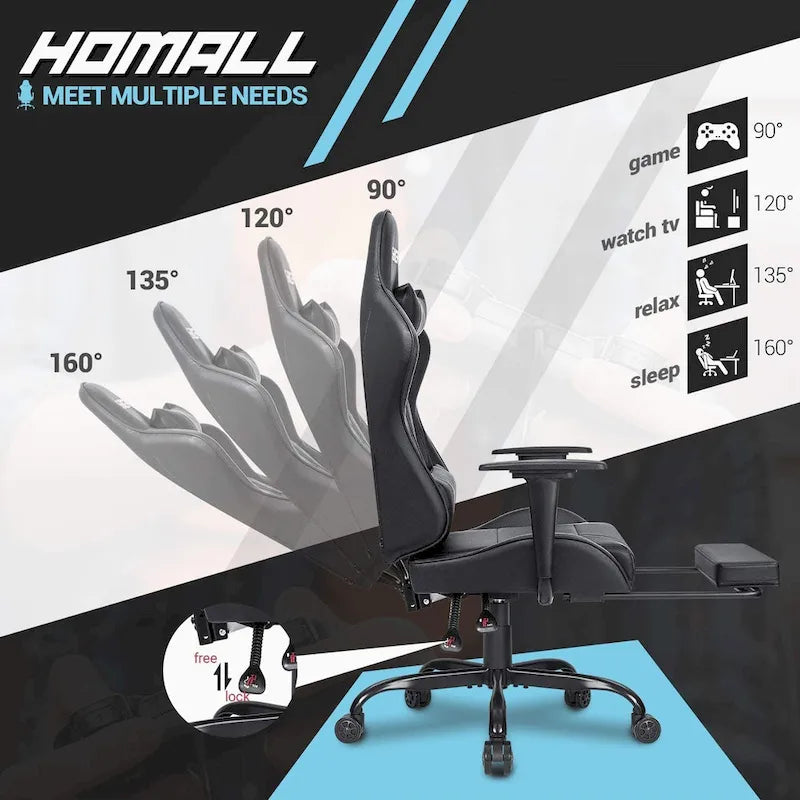 Chaise de gaming ergonomique avec repose-pieds et support lombaire