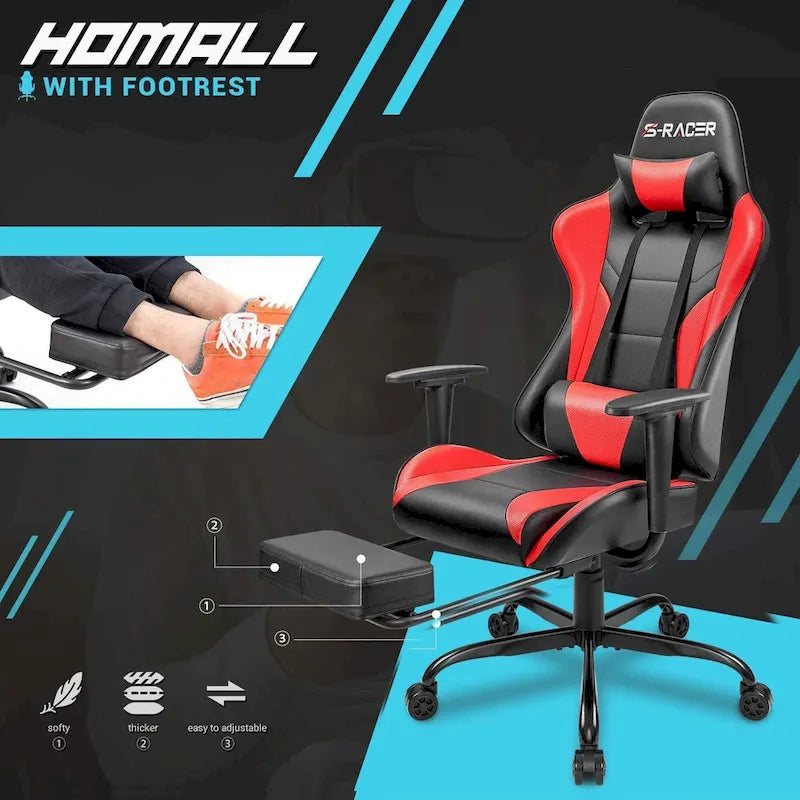Chaise de gaming ergonomique avec repose-pieds et support lombaire