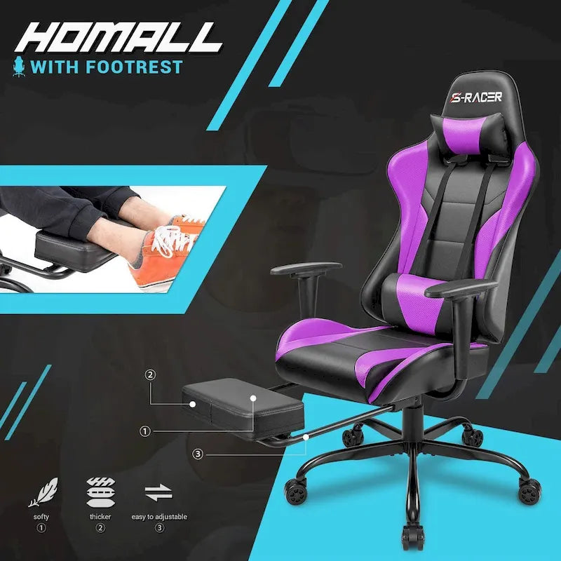 Chaise de gaming ergonomique avec repose-pieds et support lombaire