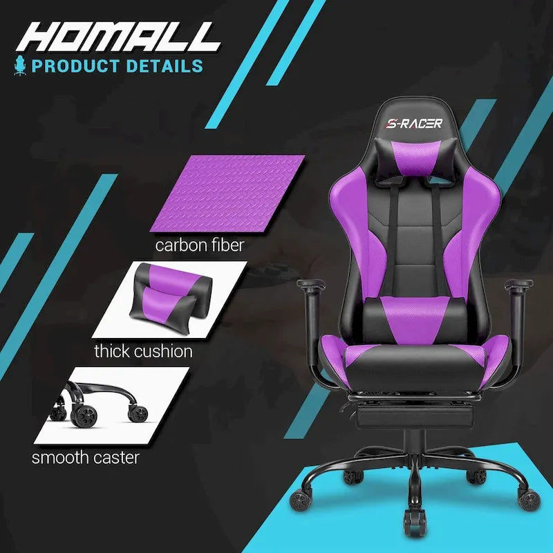 Chaise de gaming ergonomique avec repose-pieds et support lombaire