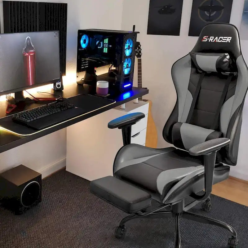 Chaise de gaming ergonomique avec repose-pieds et support lombaire