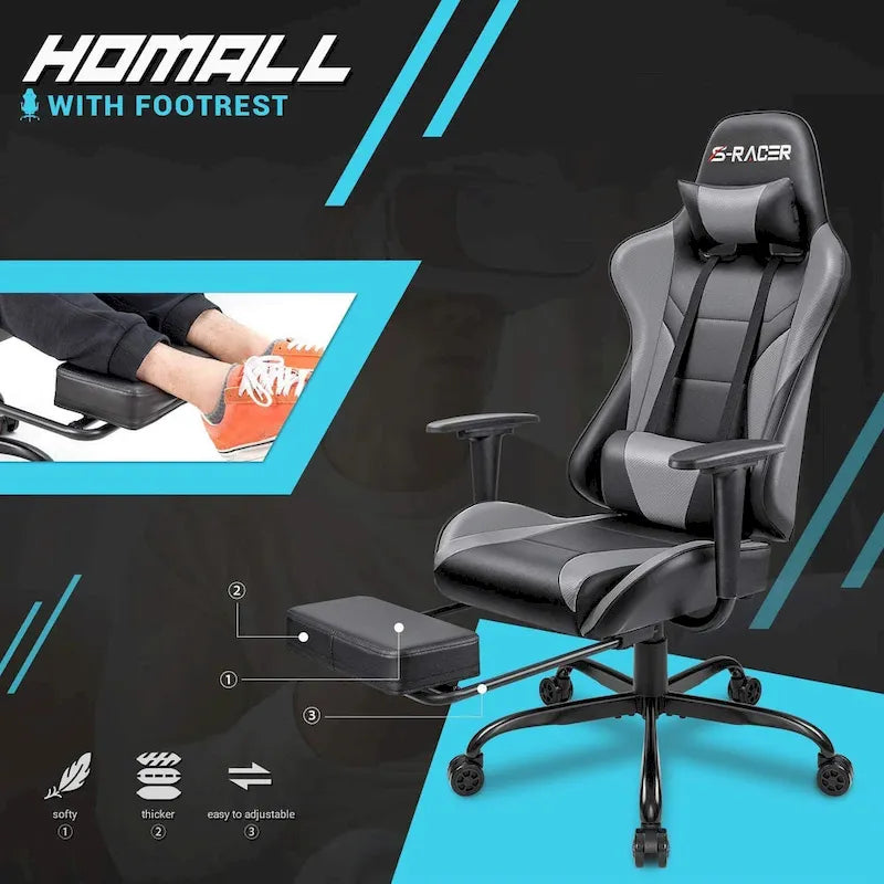 Chaise de gaming ergonomique avec repose-pieds et support lombaire