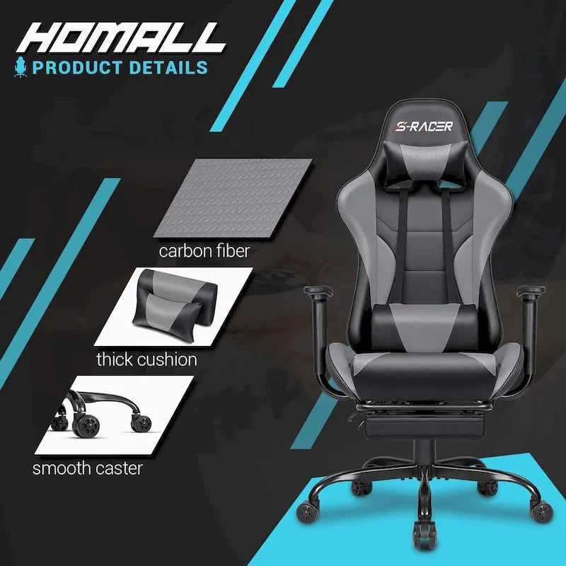 Chaise de gaming ergonomique avec repose-pieds et support lombaire