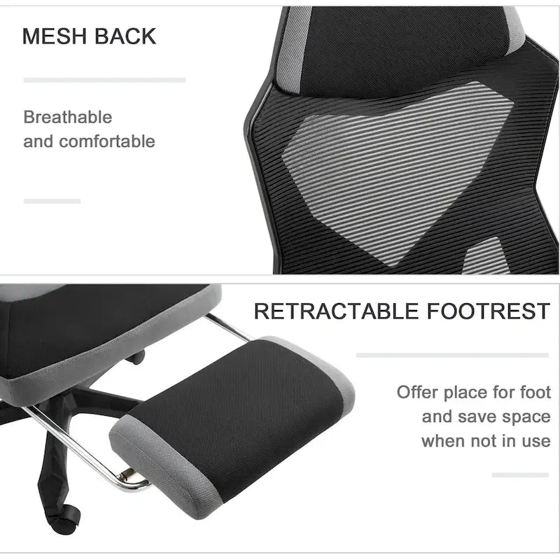 Chaise de Bureau Inclinable à Hauteur Réglable avec Repose-pieds Rétractable, Dossier en Maille